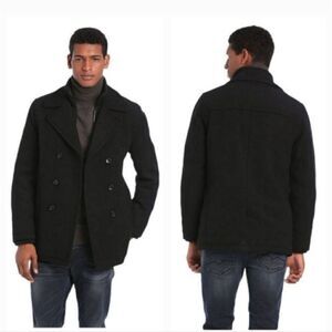 NEW Ben Sherman Wool Double Breasted Funnel Collar Pea Coat in Jet Black Size XL